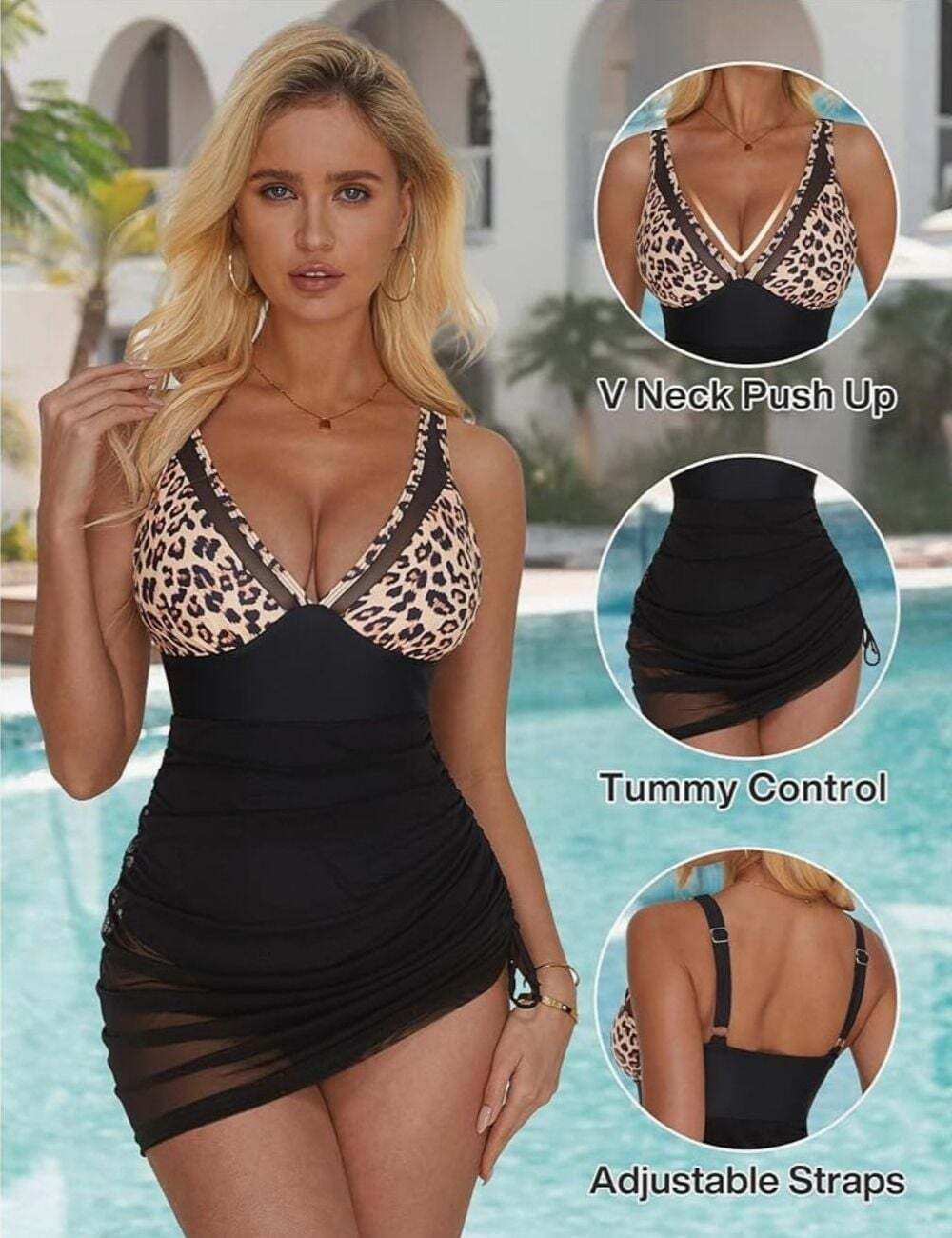 Women's Mesh Leopard One Piece Swim Dress with Tummy Control size XL - Picture 3 of 6